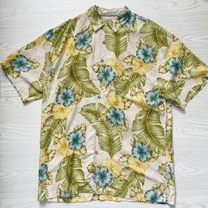 Tommy Bahama Men's Large Hawaiian Shirt Cream Silk Floral Button Up Short Sleeve